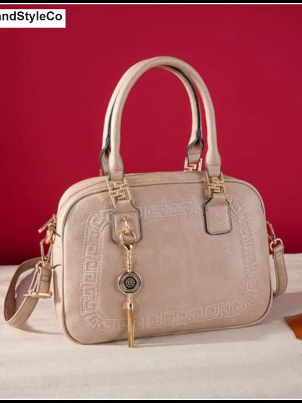 Faux Leather Satchel Crossbody Handbag with Detachable Strap, Greek Key Pattern